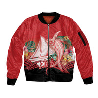 Vavau Sailing Festival Tonga Personalised Sleeve Zip Bomber Jacket Humpback Whale Sailboat Tropical Vibes LT14 Unisex Red - Polynesian Pride