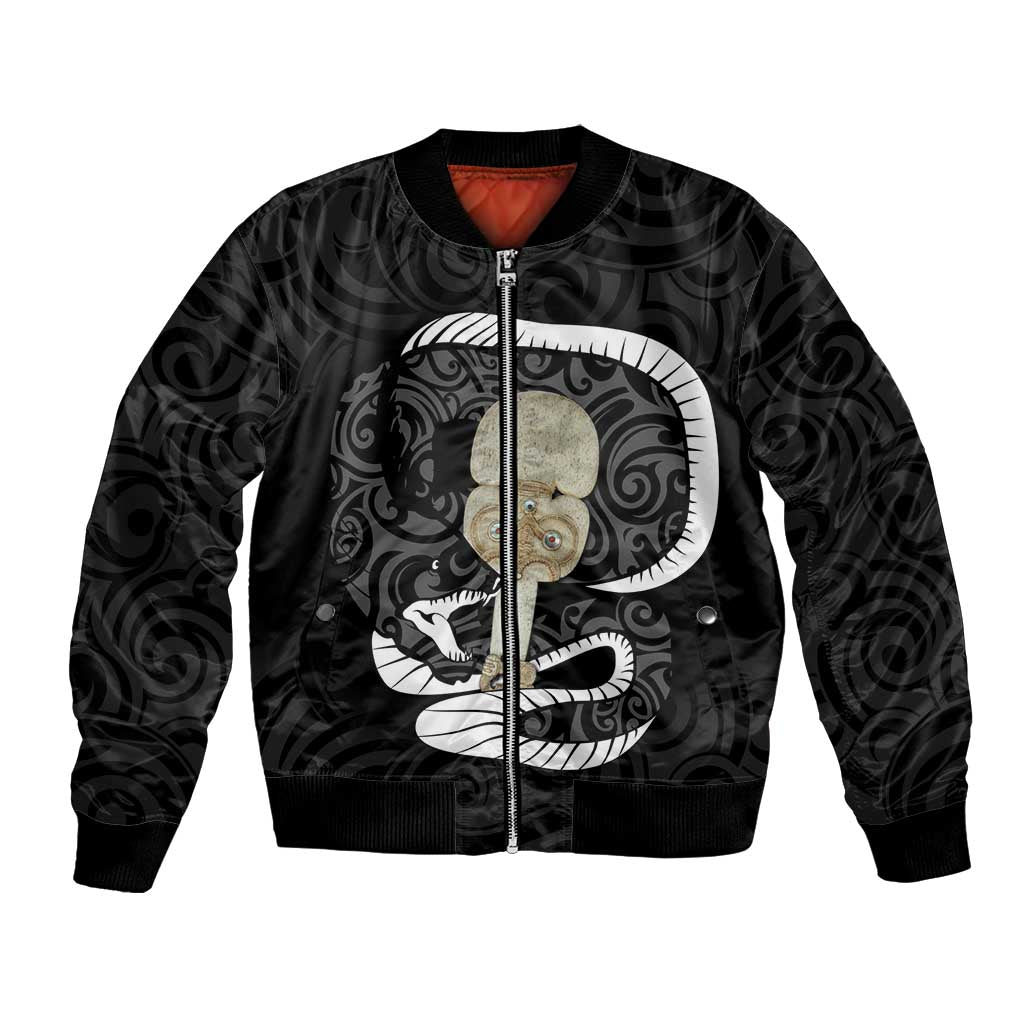 Black New Zealand Eel Bomber Jacket Aotearoa Maori Tuna With Kotiate Weapon