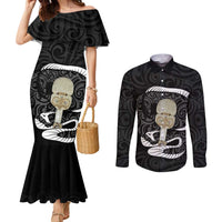 Black New Zealand Eel Couples Matching Mermaid Dress and Long Sleeve Button Shirt Aotearoa Maori Tuna With Kotiate Weapon LT14 Black - Polynesian Pride