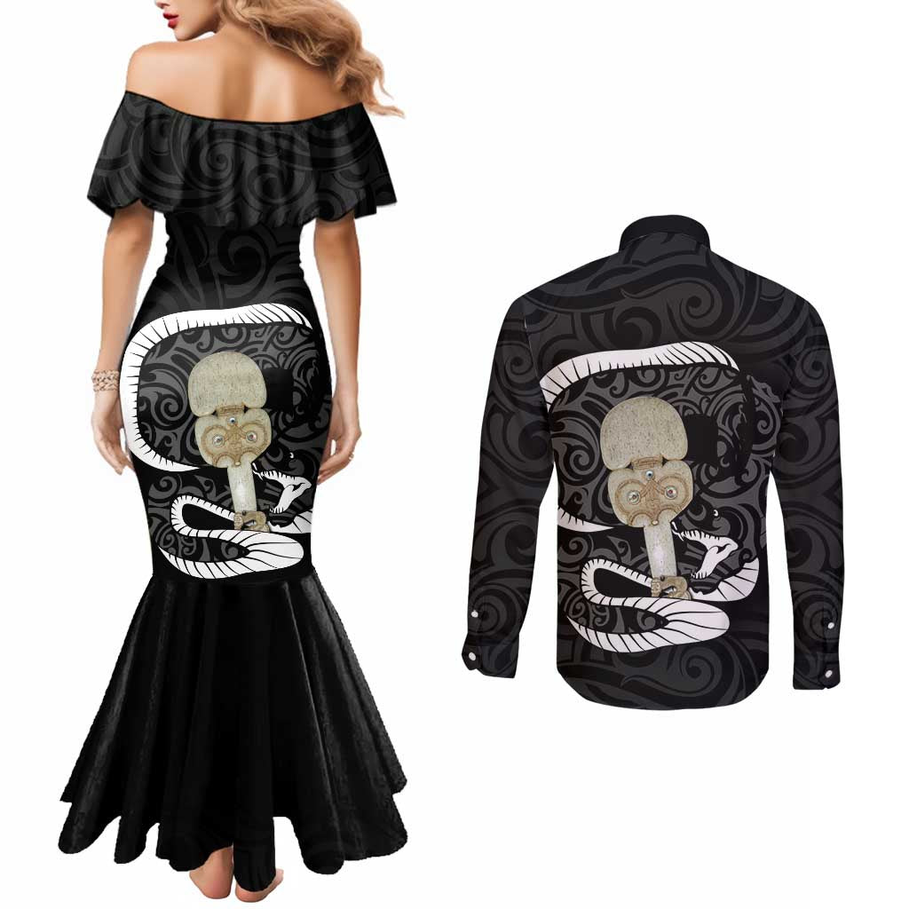 Black New Zealand Eel Couples Matching Mermaid Dress and Long Sleeve Button Shirt Aotearoa Maori Tuna With Kotiate Weapon LT14 - Polynesian Pride