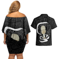 Black New Zealand Eel Couples Matching Off Shoulder Short Dress and Hawaiian Shirt Aotearoa Maori Tuna With Kotiate Weapon LT14 - Polynesian Pride