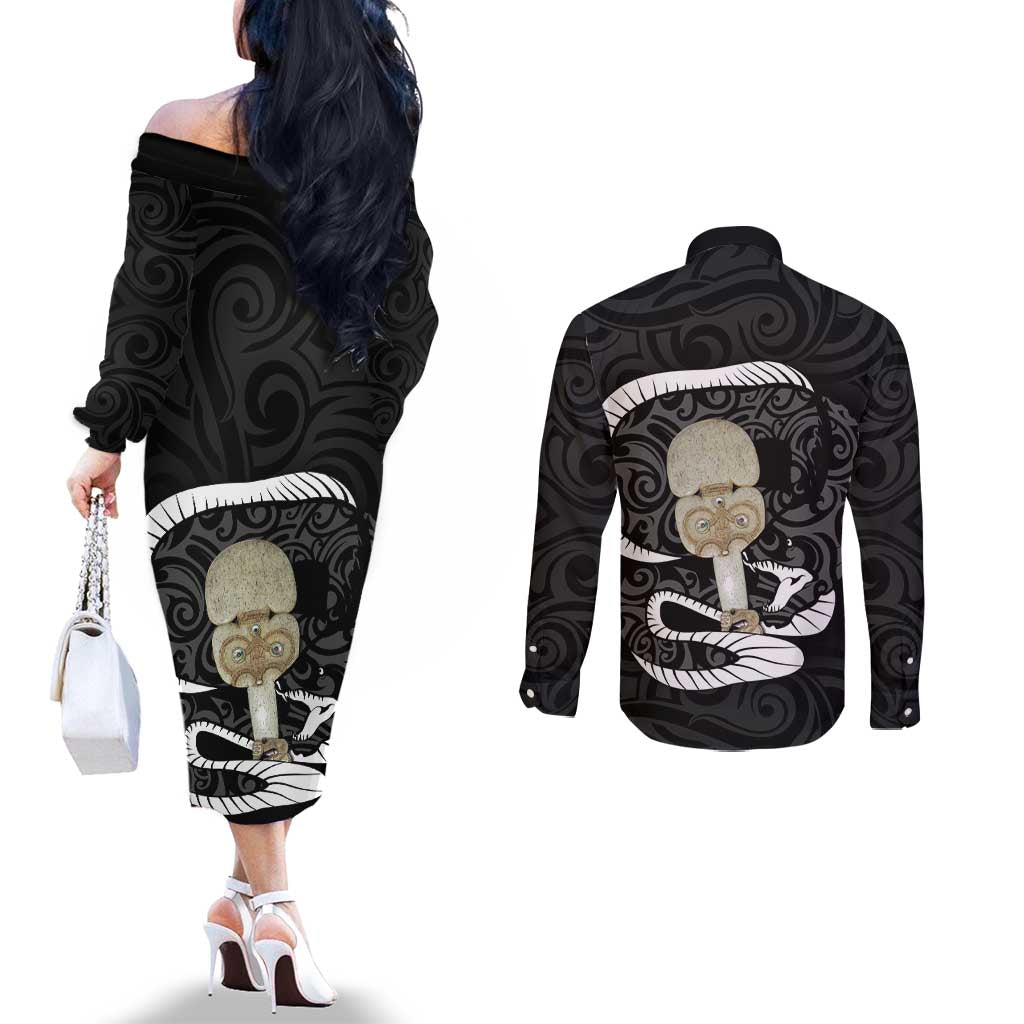 Black New Zealand Eel Couples Matching Off The Shoulder Long Sleeve Dress and Long Sleeve Button Shirt Aotearoa Maori Tuna With Kotiate Weapon LT14 - Polynesian Pride