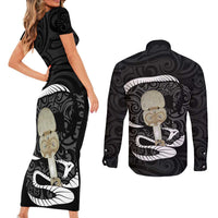 Black New Zealand Eel Couples Matching Short Sleeve Bodycon Dress and Long Sleeve Button Shirt Aotearoa Maori Tuna With Kotiate Weapon LT14 - Polynesian Pride