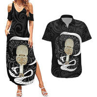 Black New Zealand Eel Couples Matching Summer Maxi Dress and Hawaiian Shirt Aotearoa Maori Tuna With Kotiate Weapon LT14 Black - Polynesian Pride