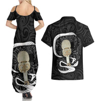 Black New Zealand Eel Couples Matching Summer Maxi Dress and Hawaiian Shirt Aotearoa Maori Tuna With Kotiate Weapon LT14 - Polynesian Pride