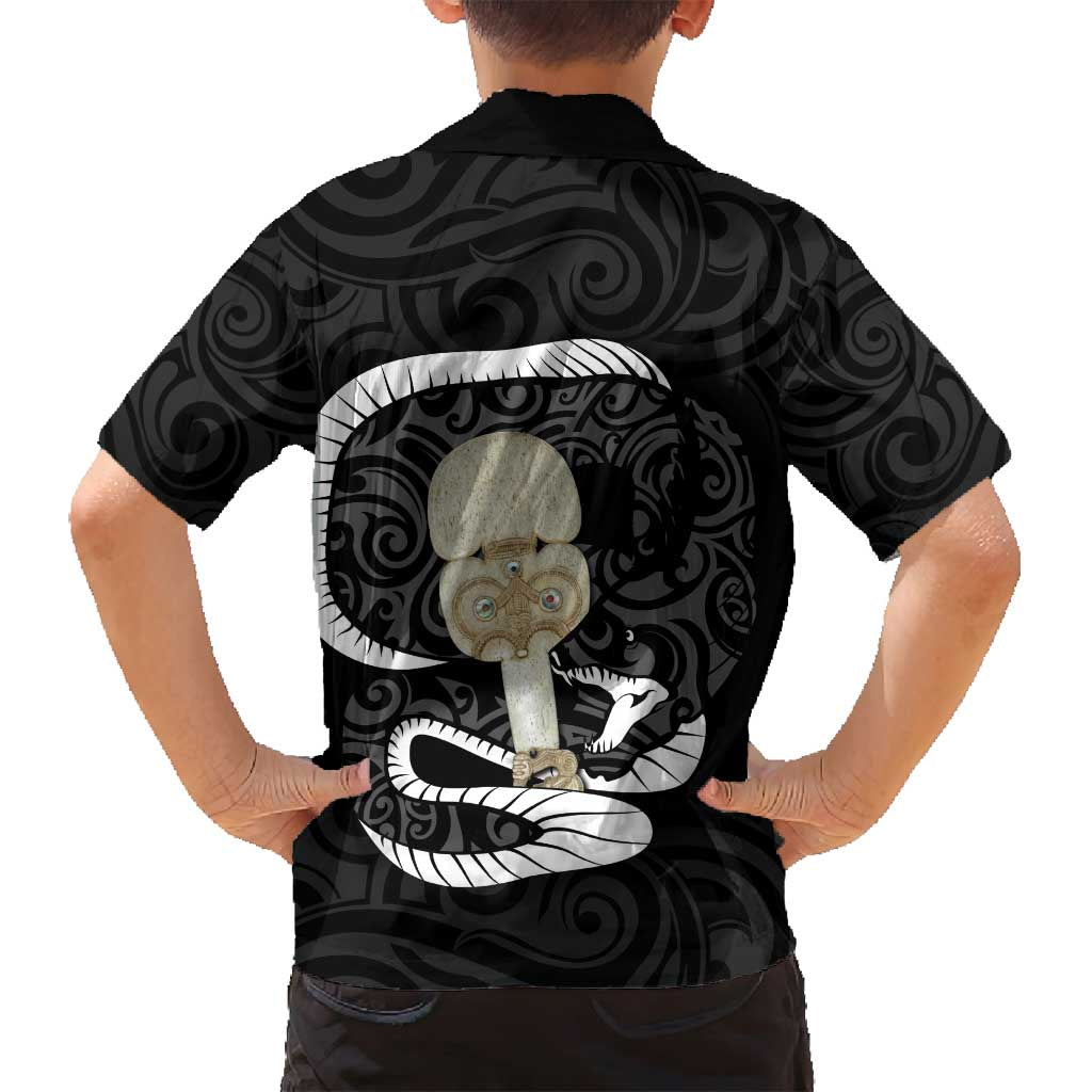 Black New Zealand Eel Family Matching Off Shoulder Maxi Dress and Hawaiian Shirt Aotearoa Maori Tuna With Kotiate Weapon