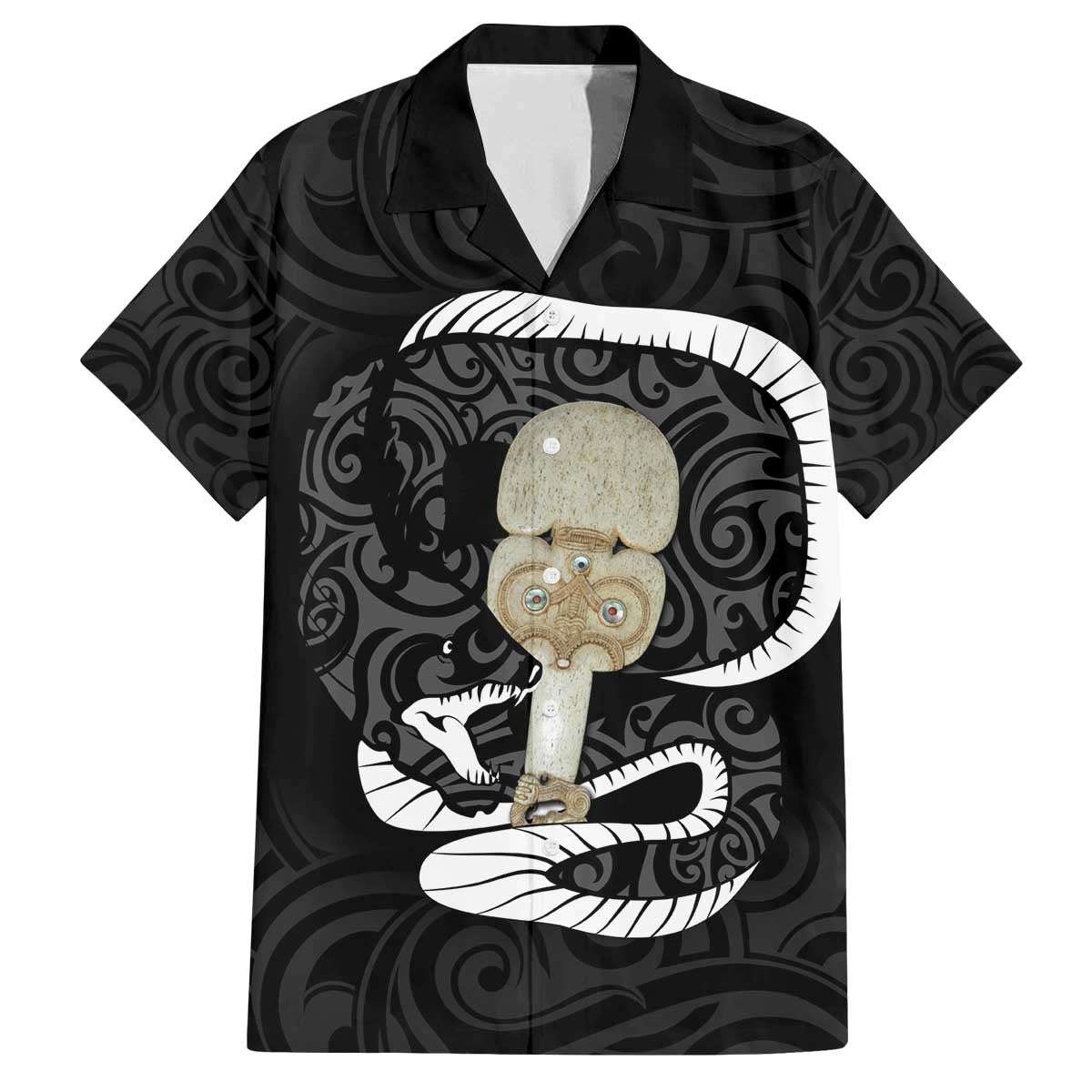Black New Zealand Eel Family Matching Off Shoulder Short Dress and Hawaiian Shirt Aotearoa Maori Tuna With Kotiate Weapon
