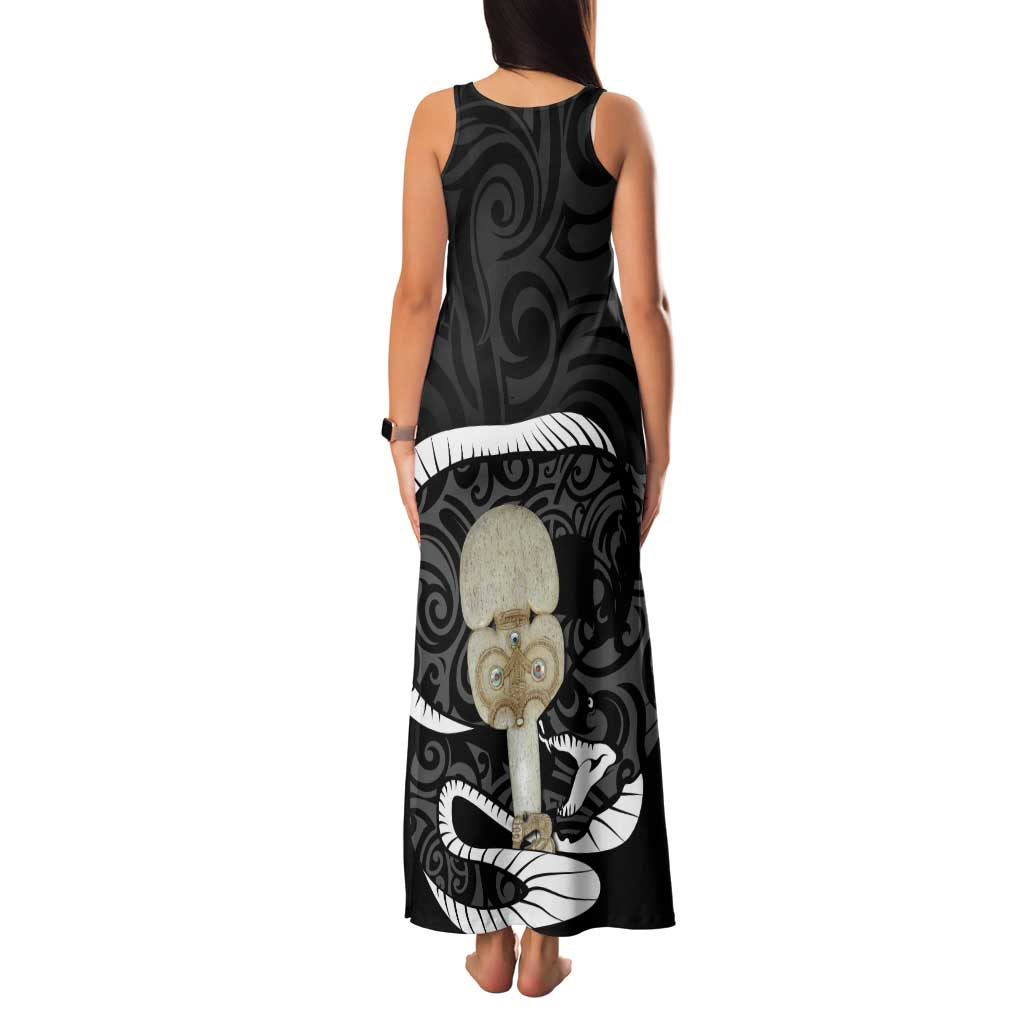 Black New Zealand Eel Family Matching Tank Maxi Dress and Hawaiian Shirt Aotearoa Maori Tuna With Kotiate Weapon