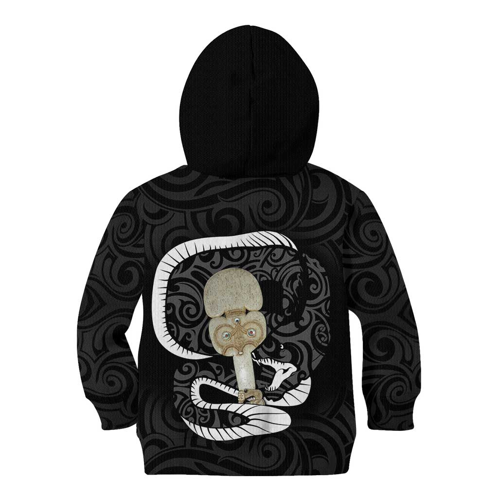 Black New Zealand Eel Kid Hoodie Aotearoa Maori Tuna With Kotiate Weapon