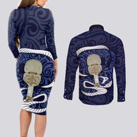 Blue New Zealand Eel Couples Matching Long Sleeve Bodycon Dress and Long Sleeve Button Shirt Aotearoa Maori Tuna With Kotiate Weapon LT14 - Polynesian Pride