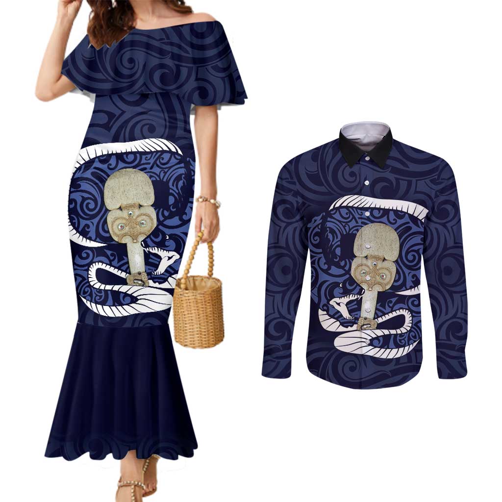 Blue New Zealand Eel Couples Matching Mermaid Dress and Long Sleeve Button Shirt Aotearoa Maori Tuna With Kotiate Weapon LT14 Blue - Polynesian Pride