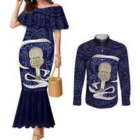 Blue New Zealand Eel Couples Matching Mermaid Dress and Long Sleeve Button Shirt Aotearoa Maori Tuna With Kotiate Weapon LT14 Blue - Polynesian Pride