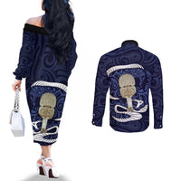 Blue New Zealand Eel Couples Matching Off The Shoulder Long Sleeve Dress and Long Sleeve Button Shirt Aotearoa Maori Tuna With Kotiate Weapon LT14 - Polynesian Pride