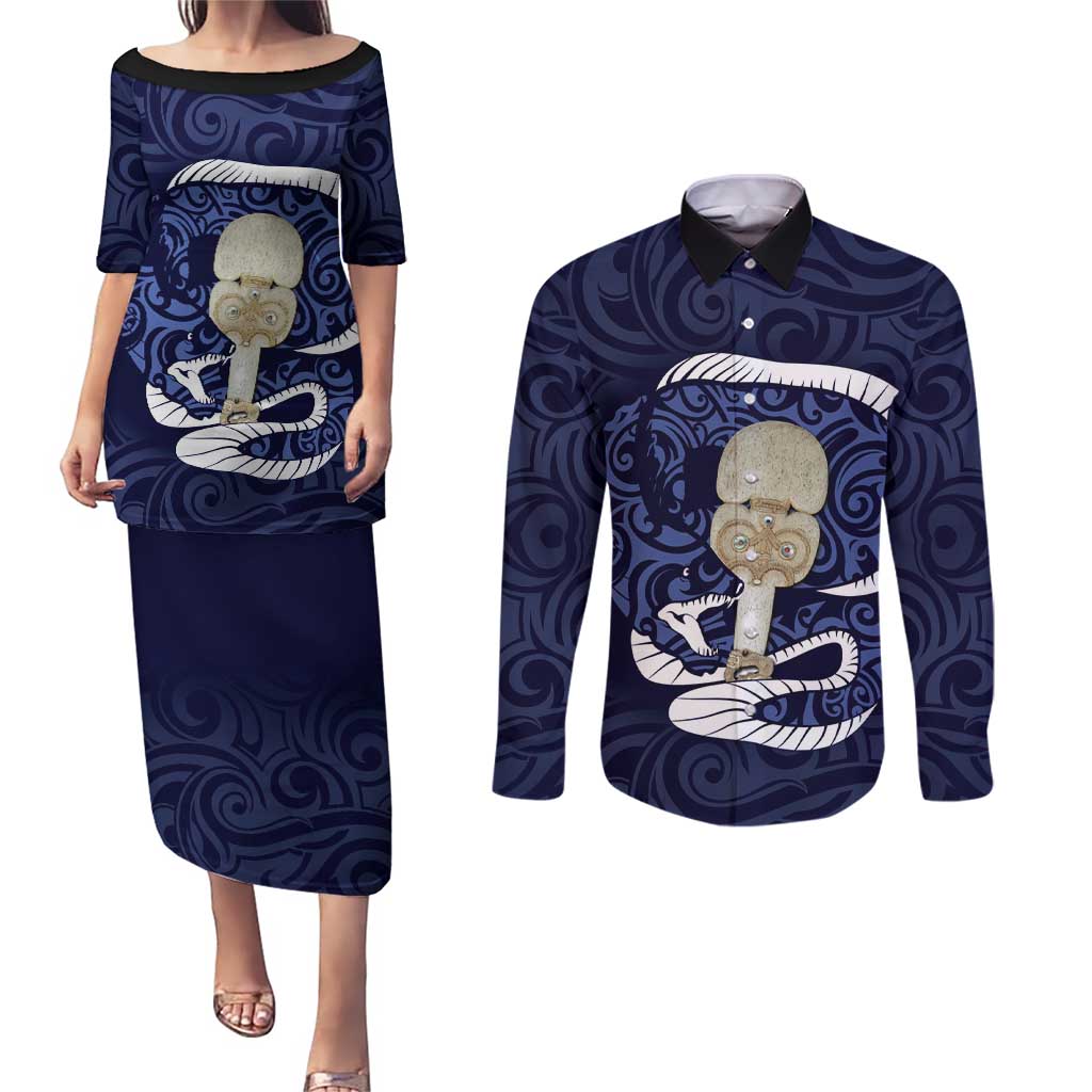 Blue New Zealand Eel Couples Matching Puletasi and Long Sleeve Button Shirt Aotearoa Maori Tuna With Kotiate Weapon LT14 Blue - Polynesian Pride