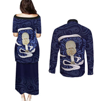 Blue New Zealand Eel Couples Matching Puletasi and Long Sleeve Button Shirt Aotearoa Maori Tuna With Kotiate Weapon LT14 - Polynesian Pride