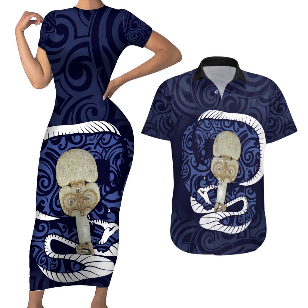 Blue New Zealand Eel Couples Matching Short Sleeve Bodycon Dress and Hawaiian Shirt Aotearoa Maori Tuna With Kotiate Weapon