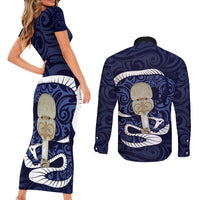 Blue New Zealand Eel Couples Matching Short Sleeve Bodycon Dress and Long Sleeve Button Shirt Aotearoa Maori Tuna With Kotiate Weapon LT14 - Polynesian Pride