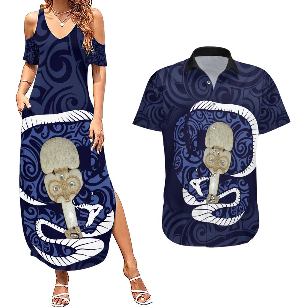 Blue New Zealand Eel Couples Matching Summer Maxi Dress and Hawaiian Shirt Aotearoa Maori Tuna With Kotiate Weapon LT14 Blue - Polynesian Pride
