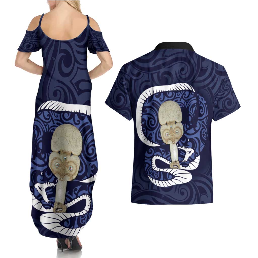Blue New Zealand Eel Couples Matching Summer Maxi Dress and Hawaiian Shirt Aotearoa Maori Tuna With Kotiate Weapon LT14 - Polynesian Pride