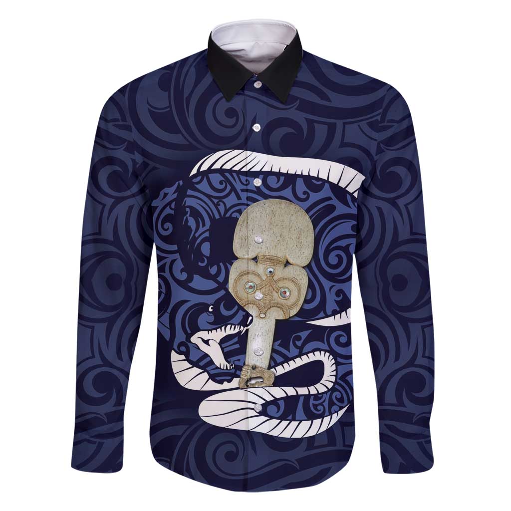 Blue New Zealand Eel Family Matching Mermaid Dress and Hawaiian Shirt Aotearoa Maori Tuna With Kotiate Weapon LT14 Dad's Shirt - Long Sleeve Blue - Polynesian Pride