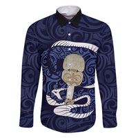 Blue New Zealand Eel Family Matching Mermaid Dress and Hawaiian Shirt Aotearoa Maori Tuna With Kotiate Weapon LT14 Dad's Shirt - Long Sleeve Blue - Polynesian Pride