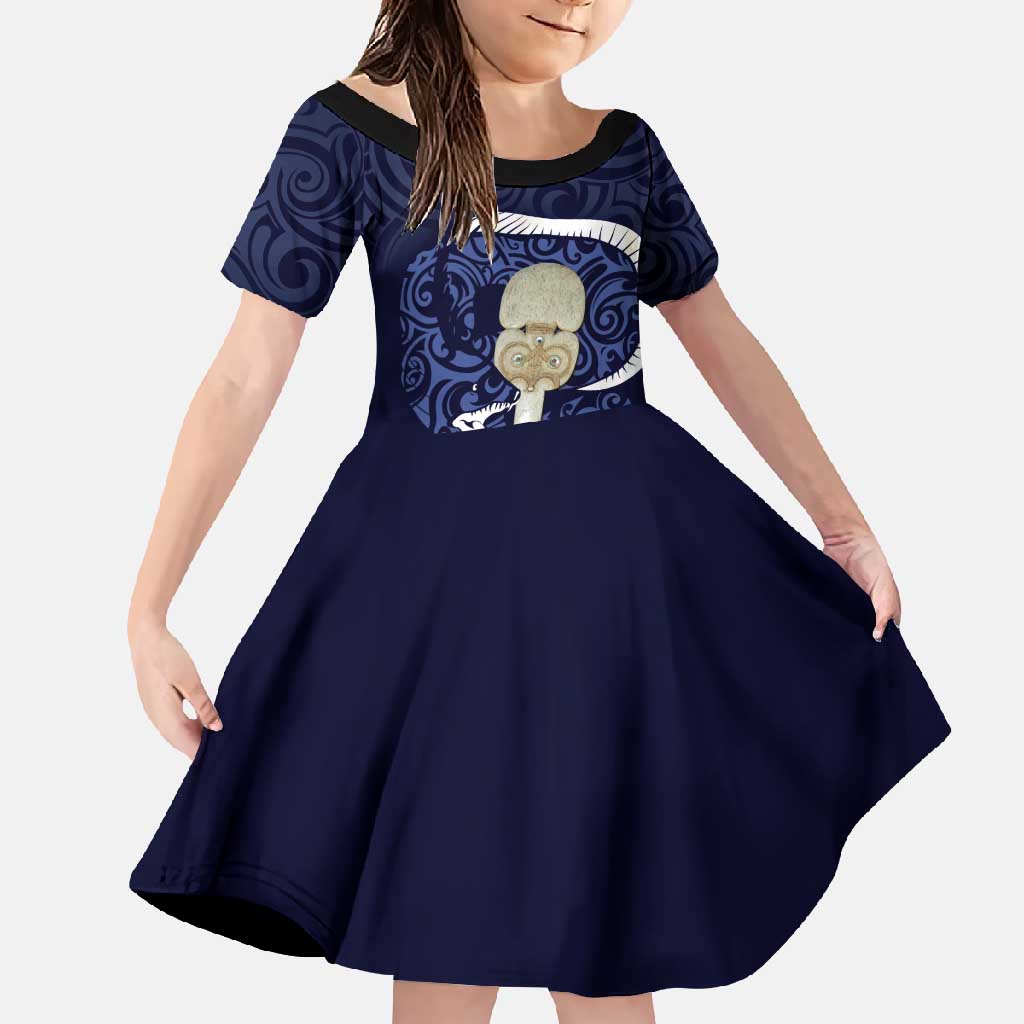 Blue New Zealand Eel Family Matching Off Shoulder Maxi Dress and Hawaiian Shirt Aotearoa Maori Tuna With Kotiate Weapon LT14 Daughter's Dress Blue - Polynesian Pride