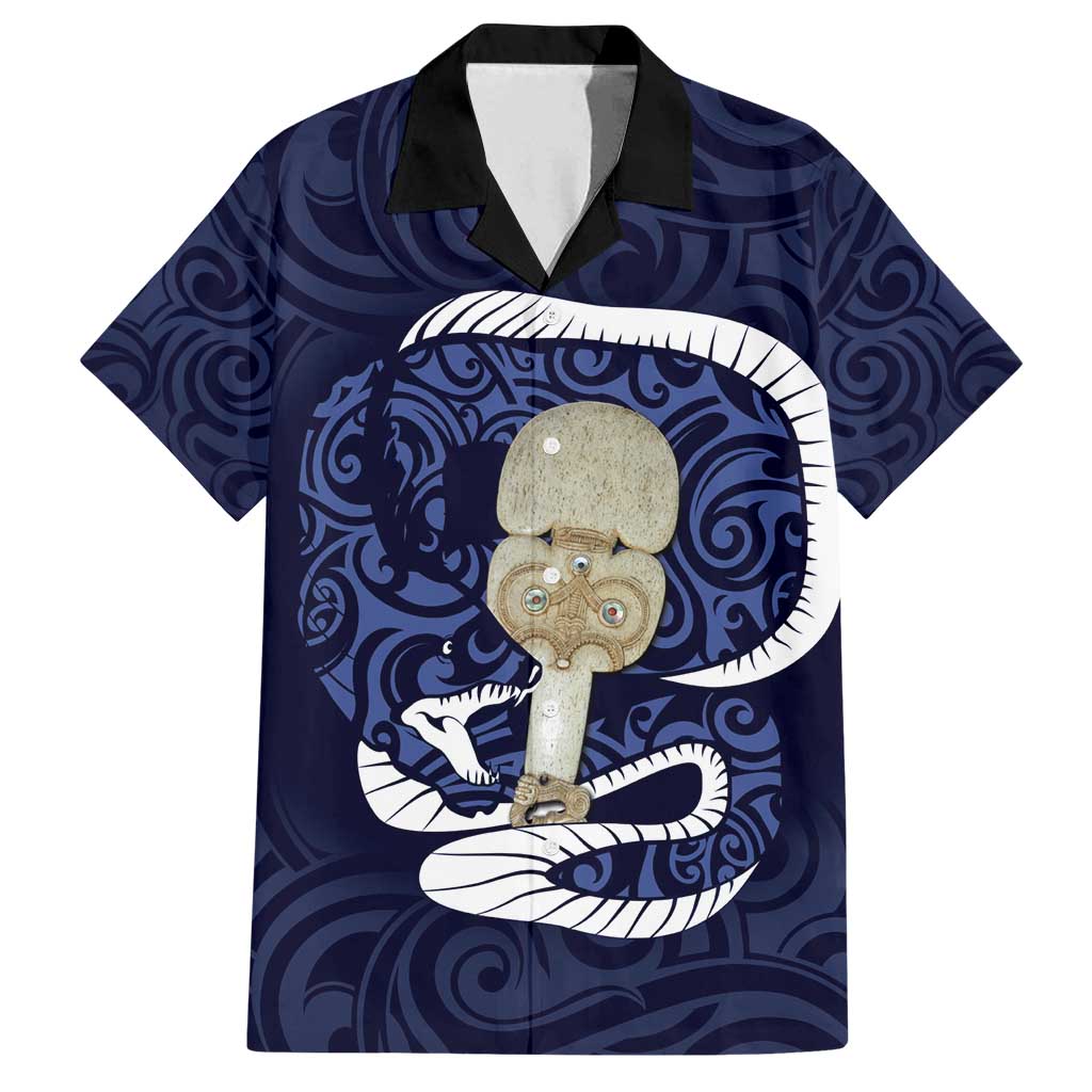 Blue New Zealand Eel Family Matching Off Shoulder Maxi Dress and Hawaiian Shirt Aotearoa Maori Tuna With Kotiate Weapon LT14 Dad's Shirt - Short Sleeve Blue - Polynesian Pride