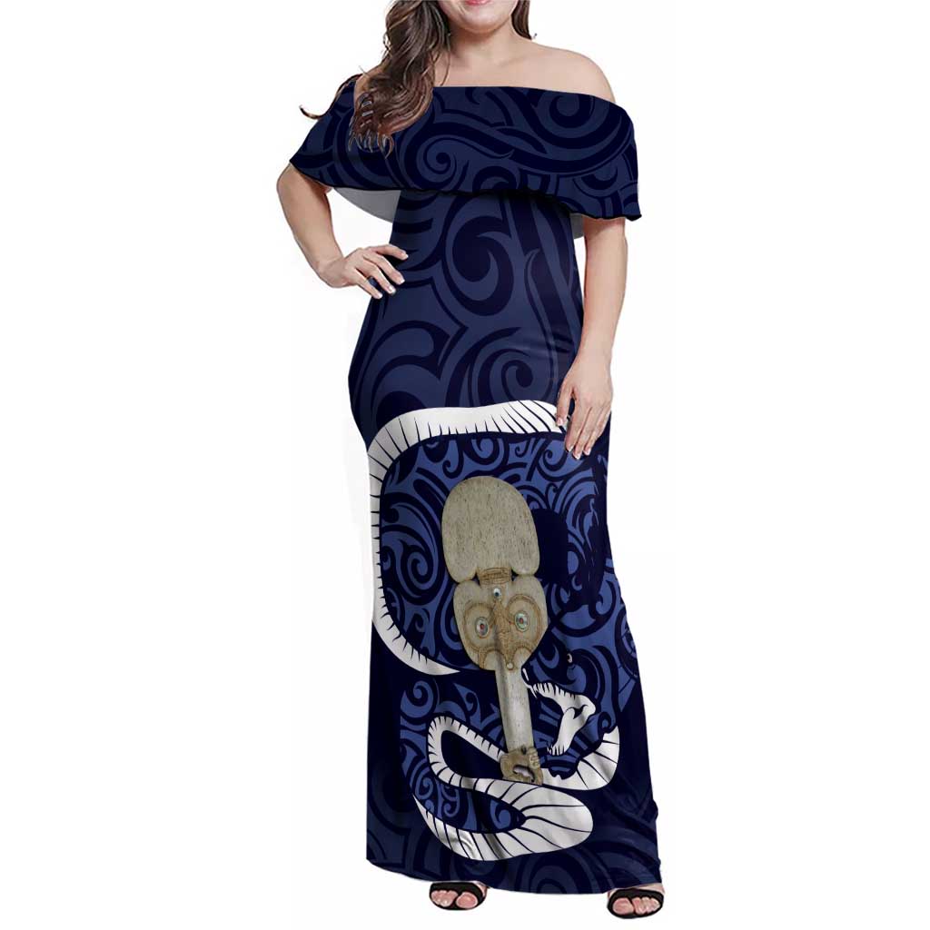 Blue New Zealand Eel Family Matching Off Shoulder Maxi Dress and Hawaiian Shirt Aotearoa Maori Tuna With Kotiate Weapon LT14 Mom's Dress Blue - Polynesian Pride