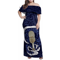 Blue New Zealand Eel Family Matching Off Shoulder Maxi Dress and Hawaiian Shirt Aotearoa Maori Tuna With Kotiate Weapon LT14 Mom's Dress Blue - Polynesian Pride