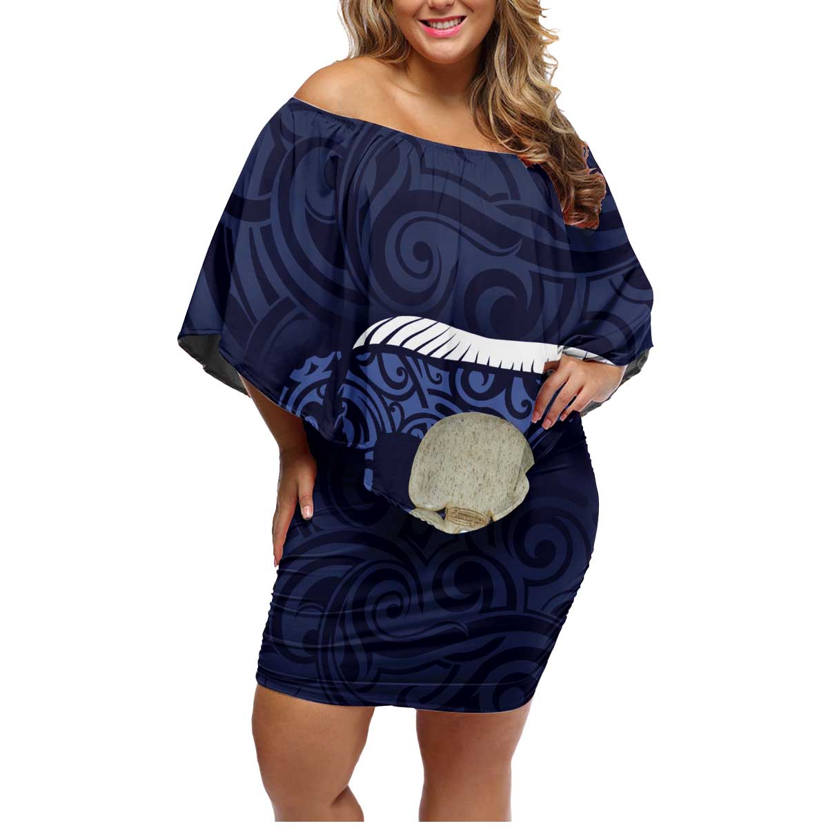 Blue New Zealand Eel Family Matching Off Shoulder Short Dress and Hawaiian Shirt Aotearoa Maori Tuna With Kotiate Weapon
