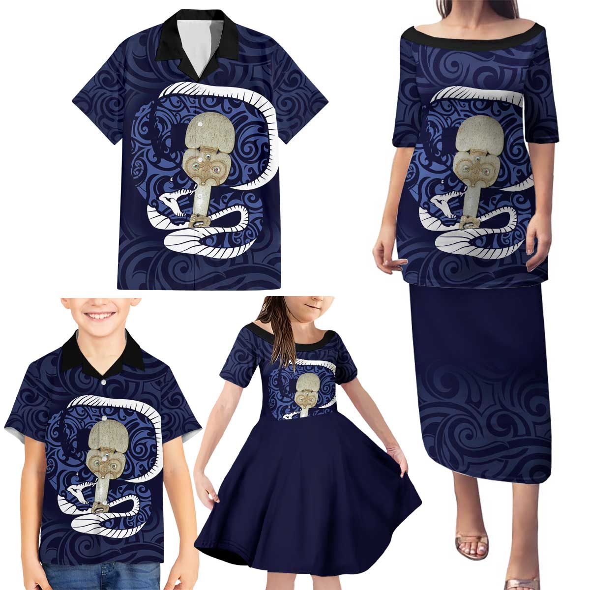 Blue New Zealand Eel Family Matching Puletasi and Hawaiian Shirt Aotearoa Maori Tuna With Kotiate Weapon LT14 - Polynesian Pride