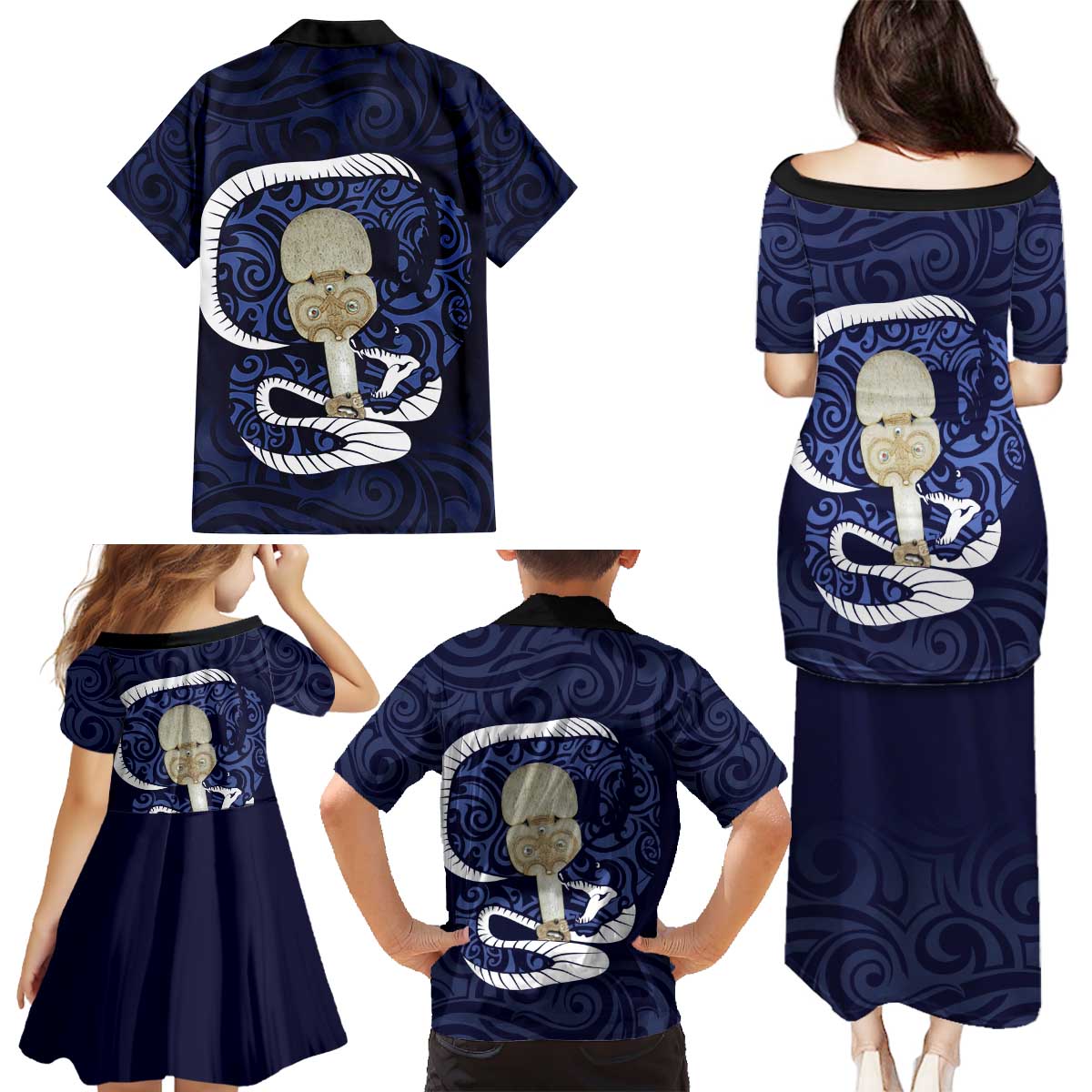 Blue New Zealand Eel Family Matching Puletasi and Hawaiian Shirt Aotearoa Maori Tuna With Kotiate Weapon LT14 - Polynesian Pride