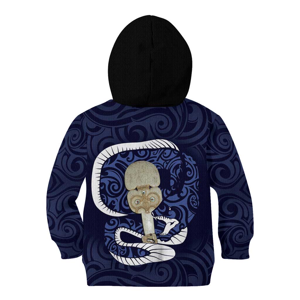 Blue New Zealand Eel Kid Hoodie Aotearoa Maori Tuna With Kotiate Weapon