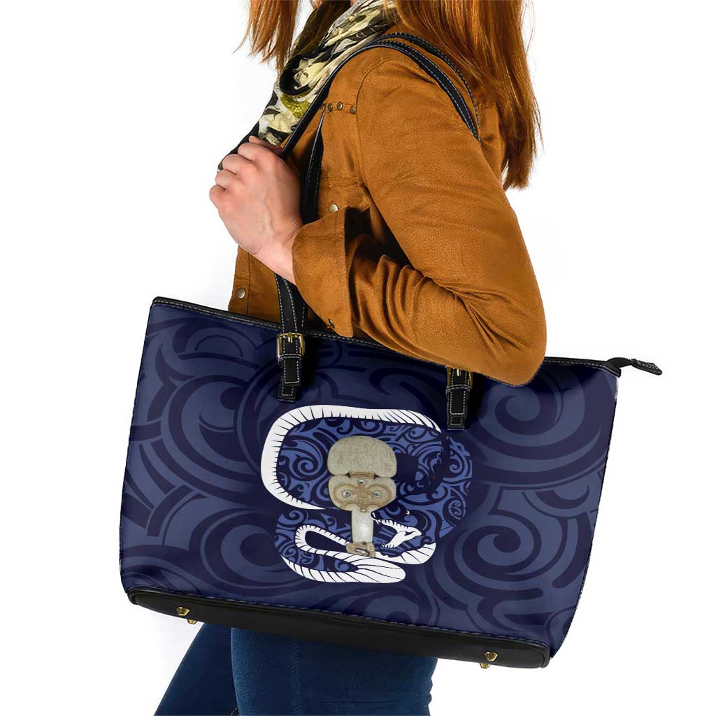 Blue New Zealand Eel Leather Tote Bag Aotearoa Maori Tuna With Kotiate Weapon