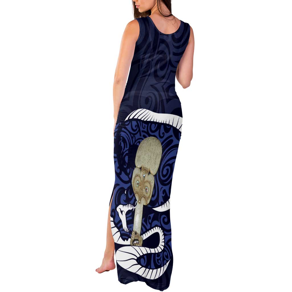 Blue New Zealand Eel Tank Maxi Dress Aotearoa Maori Tuna With Kotiate Weapon