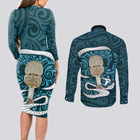 Turquoise New Zealand Eel Couples Matching Long Sleeve Bodycon Dress and Long Sleeve Button Shirt Aotearoa Maori Tuna With Kotiate Weapon LT14 - Polynesian Pride