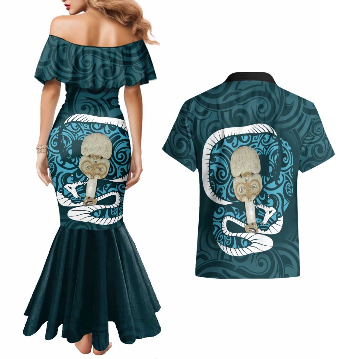 Turquoise New Zealand Eel Couples Matching Mermaid Dress and Hawaiian Shirt Aotearoa Maori Tuna With Kotiate Weapon LT14 - Polynesian Pride