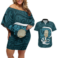 Turquoise New Zealand Eel Couples Matching Off Shoulder Short Dress and Hawaiian Shirt Aotearoa Maori Tuna With Kotiate Weapon LT14 Turquoise - Polynesian Pride