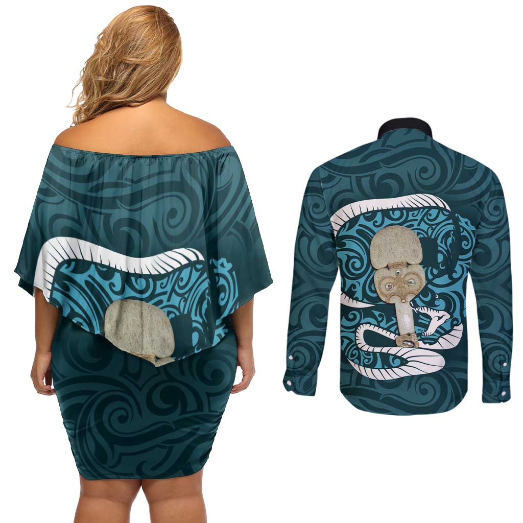 Turquoise New Zealand Eel Couples Matching Off Shoulder Short Dress and Long Sleeve Button Shirt Aotearoa Maori Tuna With Kotiate Weapon LT14 - Polynesian Pride