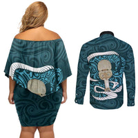 Turquoise New Zealand Eel Couples Matching Off Shoulder Short Dress and Long Sleeve Button Shirt Aotearoa Maori Tuna With Kotiate Weapon LT14 - Polynesian Pride