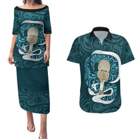 Turquoise New Zealand Eel Couples Matching Puletasi and Hawaiian Shirt Aotearoa Maori Tuna With Kotiate Weapon LT14 Turquoise - Polynesian Pride
