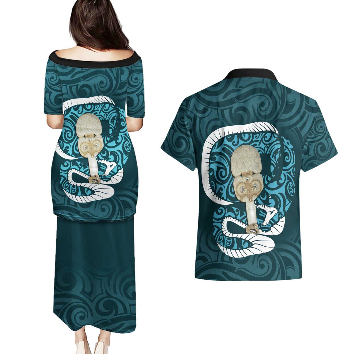 Turquoise New Zealand Eel Couples Matching Puletasi and Hawaiian Shirt Aotearoa Maori Tuna With Kotiate Weapon LT14 - Polynesian Pride