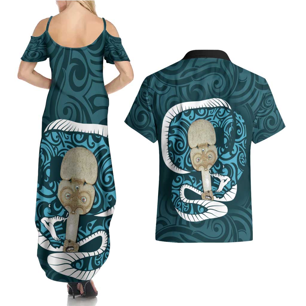 Turquoise New Zealand Eel Couples Matching Summer Maxi Dress and Hawaiian Shirt Aotearoa Maori Tuna With Kotiate Weapon LT14 - Polynesian Pride