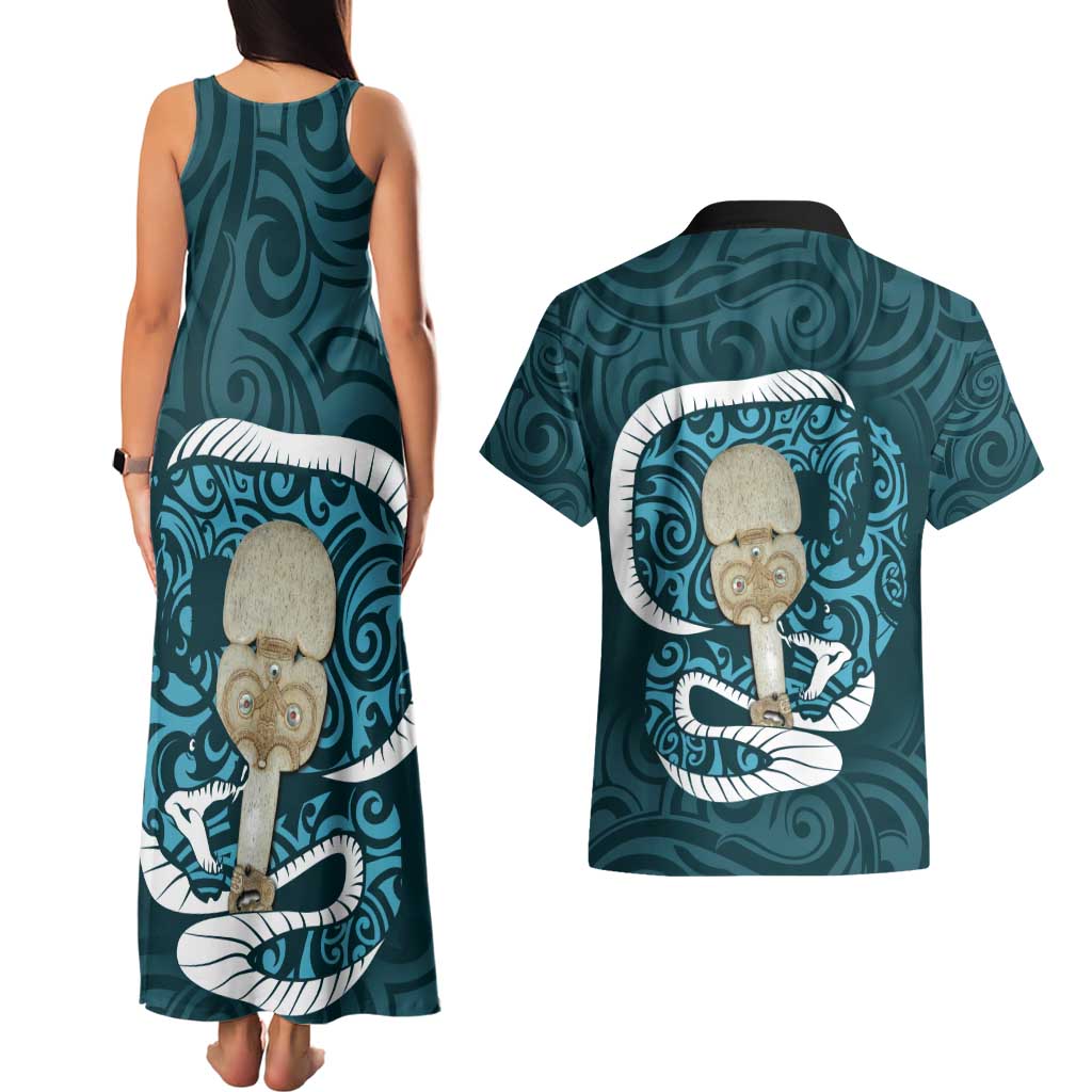 Turquoise New Zealand Eel Couples Matching Tank Maxi Dress and Hawaiian Shirt Aotearoa Maori Tuna With Kotiate Weapon LT14 - Polynesian Pride