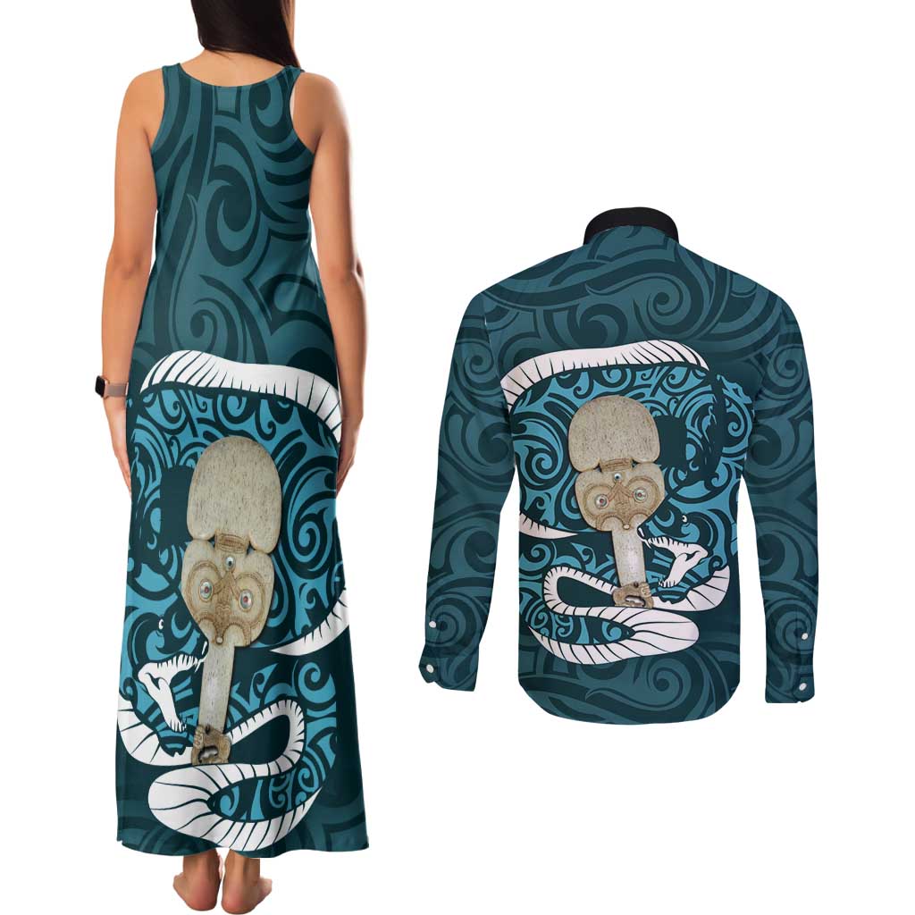 Turquoise New Zealand Eel Couples Matching Tank Maxi Dress and Long Sleeve Button Shirt Aotearoa Maori Tuna With Kotiate Weapon LT14 - Polynesian Pride
