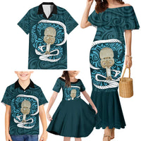 Turquoise New Zealand Eel Family Matching Mermaid Dress and Hawaiian Shirt Aotearoa Maori Tuna With Kotiate Weapon LT14 - Polynesian Pride