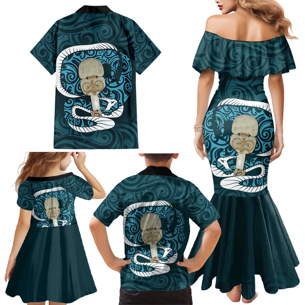 Turquoise New Zealand Eel Family Matching Mermaid Dress and Hawaiian Shirt Aotearoa Maori Tuna With Kotiate Weapon LT14 - Polynesian Pride