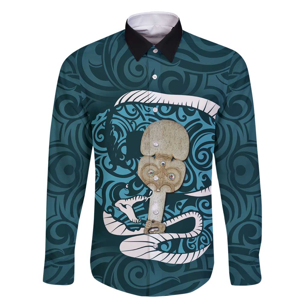 Turquoise New Zealand Eel Family Matching Mermaid Dress and Hawaiian Shirt Aotearoa Maori Tuna With Kotiate Weapon LT14 Dad's Shirt - Long Sleeve Turquoise - Polynesian Pride