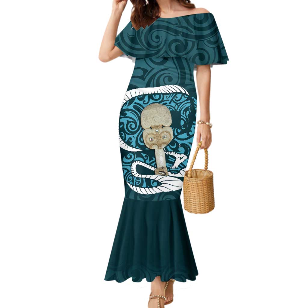 Turquoise New Zealand Eel Family Matching Mermaid Dress and Hawaiian Shirt Aotearoa Maori Tuna With Kotiate Weapon LT14 Mom's Dress Turquoise - Polynesian Pride