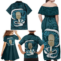 Turquoise New Zealand Eel Family Matching Off Shoulder Maxi Dress and Hawaiian Shirt Aotearoa Maori Tuna With Kotiate Weapon LT14 - Polynesian Pride
